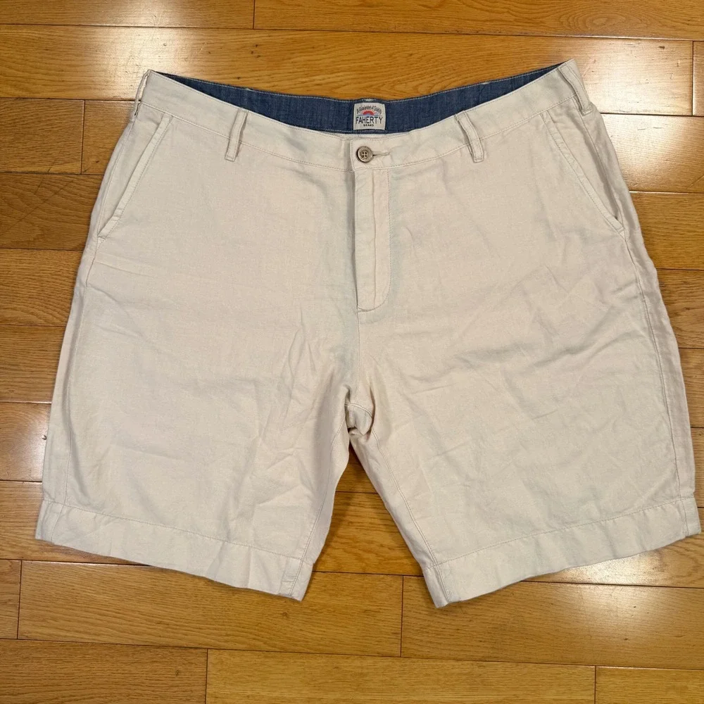 Faherty Malibu Size 36 Linen Cotton Blend‎ Flat Front Shorts Cream